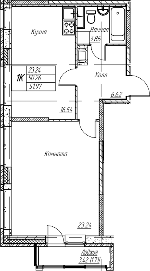 1-комнатная квартира 51.97 м², 6/22 эт., ЖК «Парк-квартал Юнтолово»